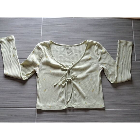 Y2K Arizona Lemon Print Ribbed Long Sleeve Double Tie-Front Cropped Top Shirt M - Picture 7 of 9